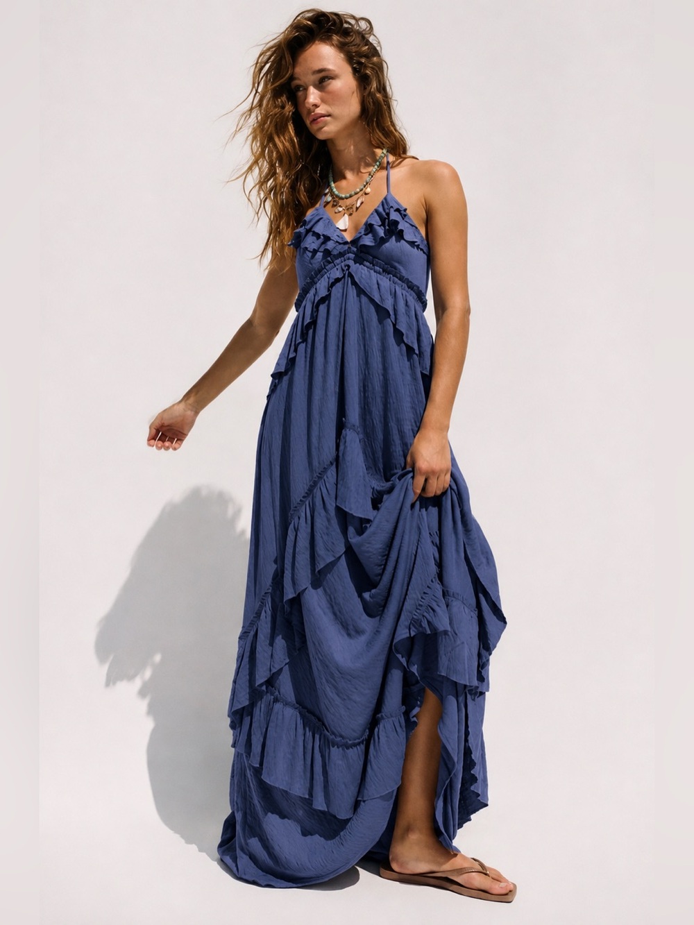 Free People Santa Luz Maxi Dress Blue Ruffle Halter Boho Resort S
